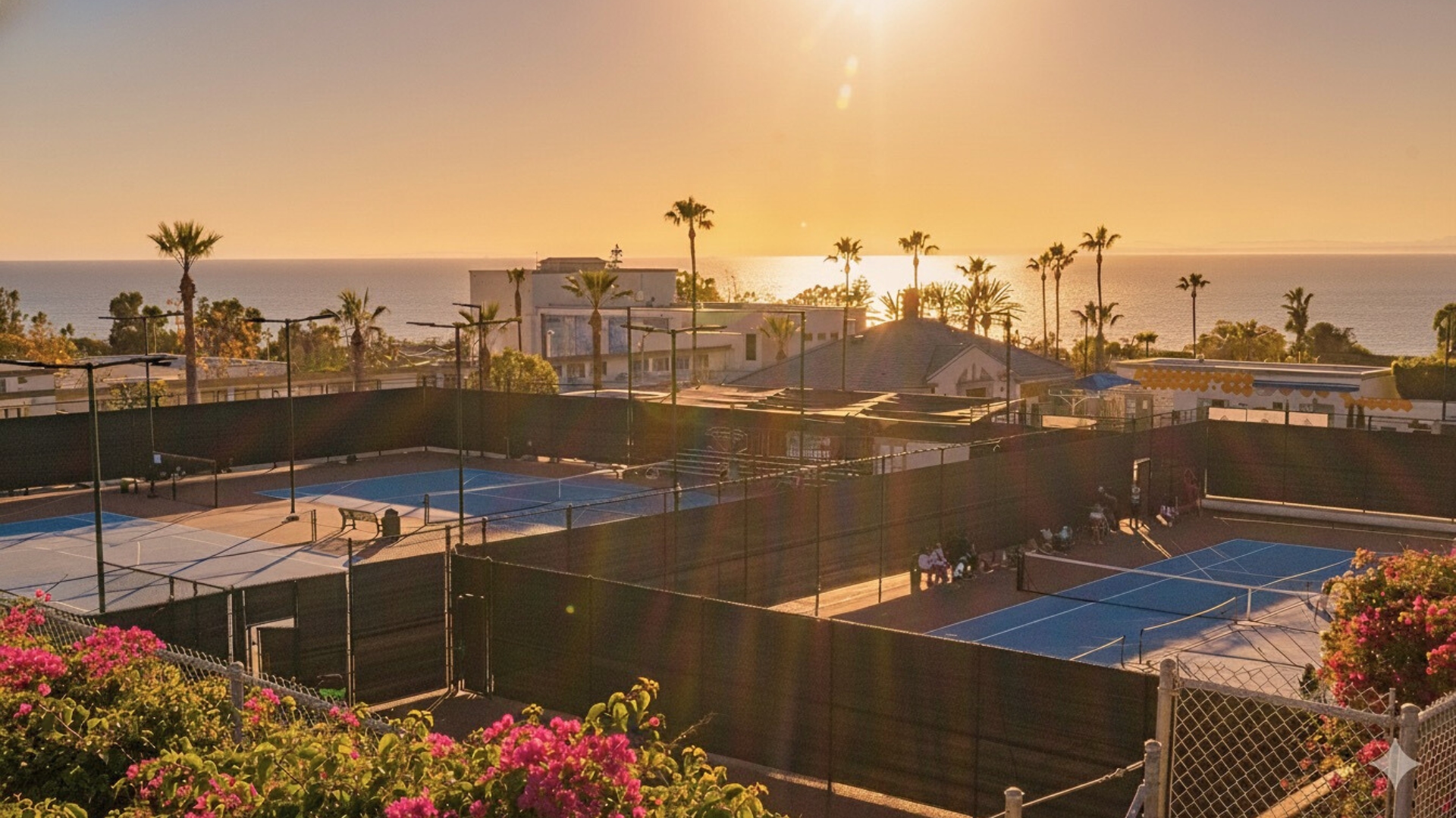 Elevated view of blue hard courts at golden hour with the Pacific horizon beyond