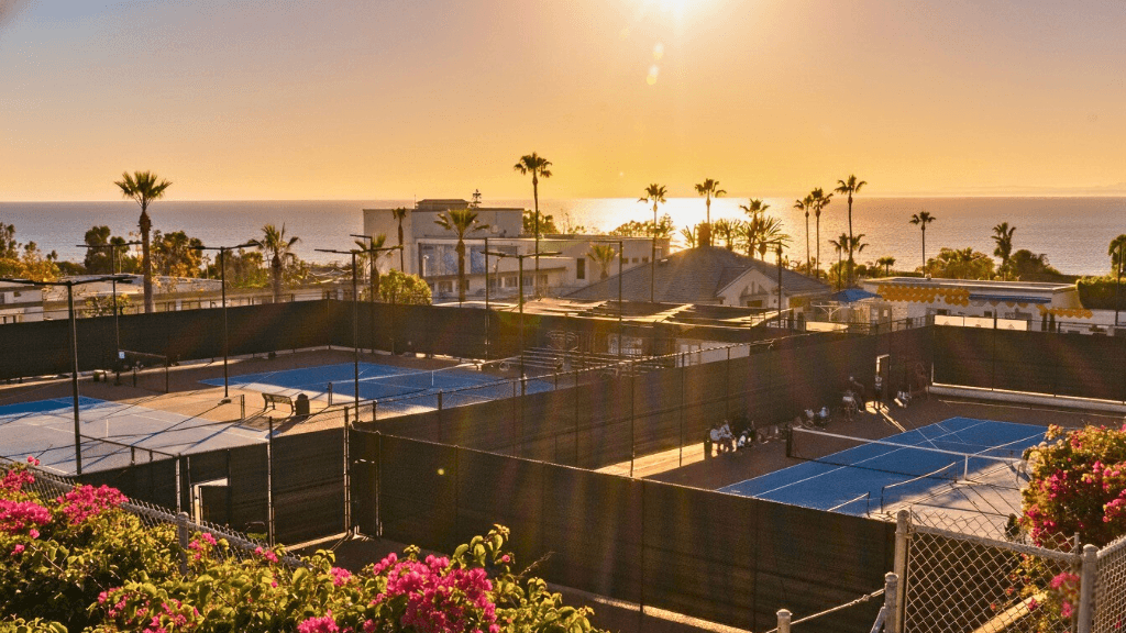 Laguna Beach Tennis Academy courts at sunset with palm trees